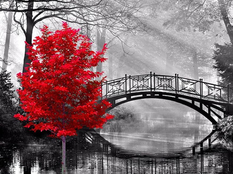 Árbol Rojo y Puente en el Bosque Gris Pintar por Números