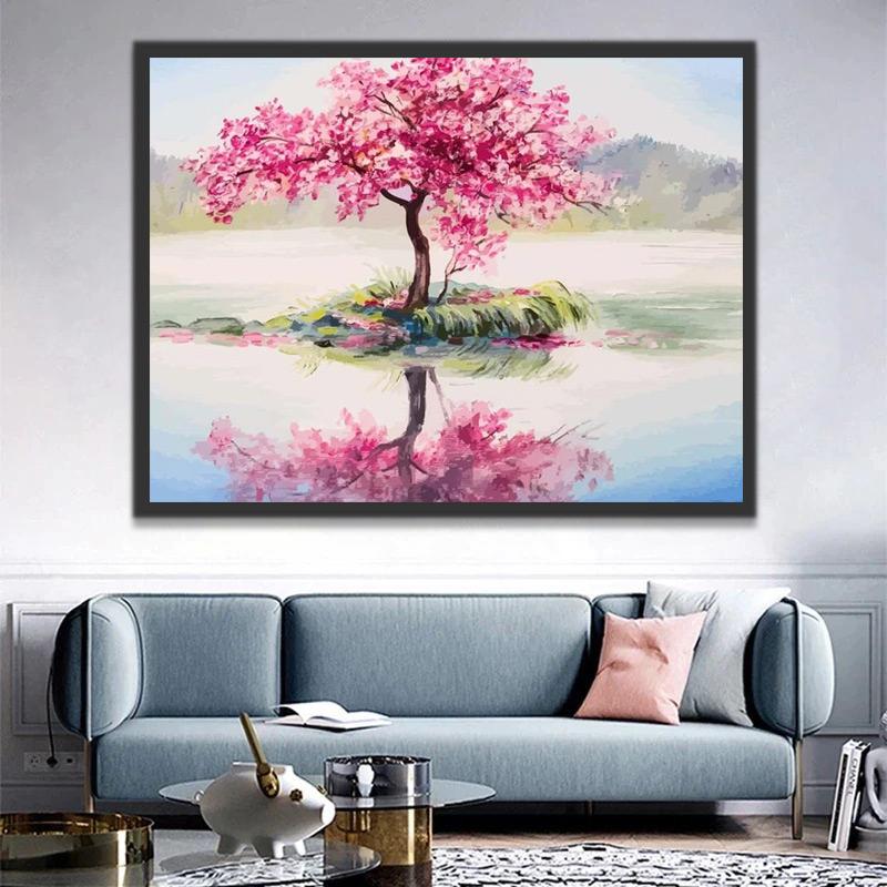 Árbol Rosado en el Centro del Lago Pintar por Números