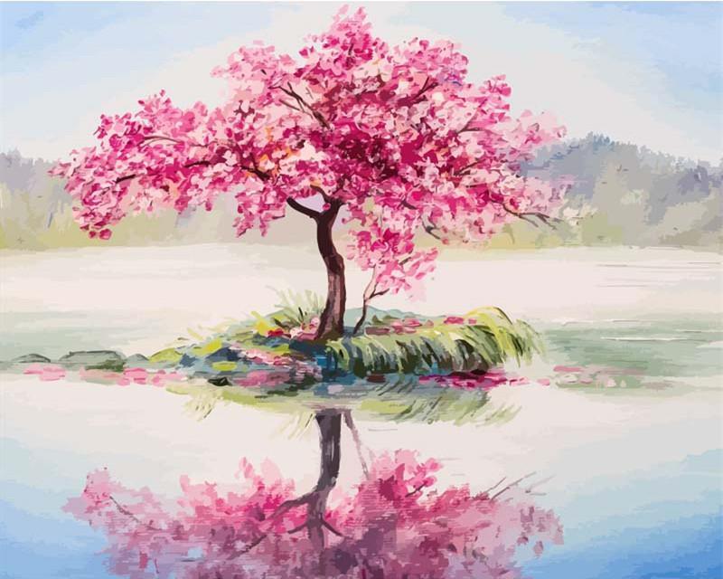 Árbol Rosado en el Centro del Lago Pintar por Números