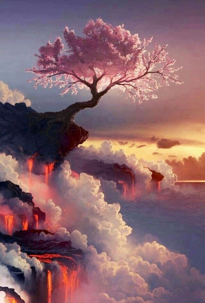 Árbol Rosado sobre Mar de Nubes Pintar por Números