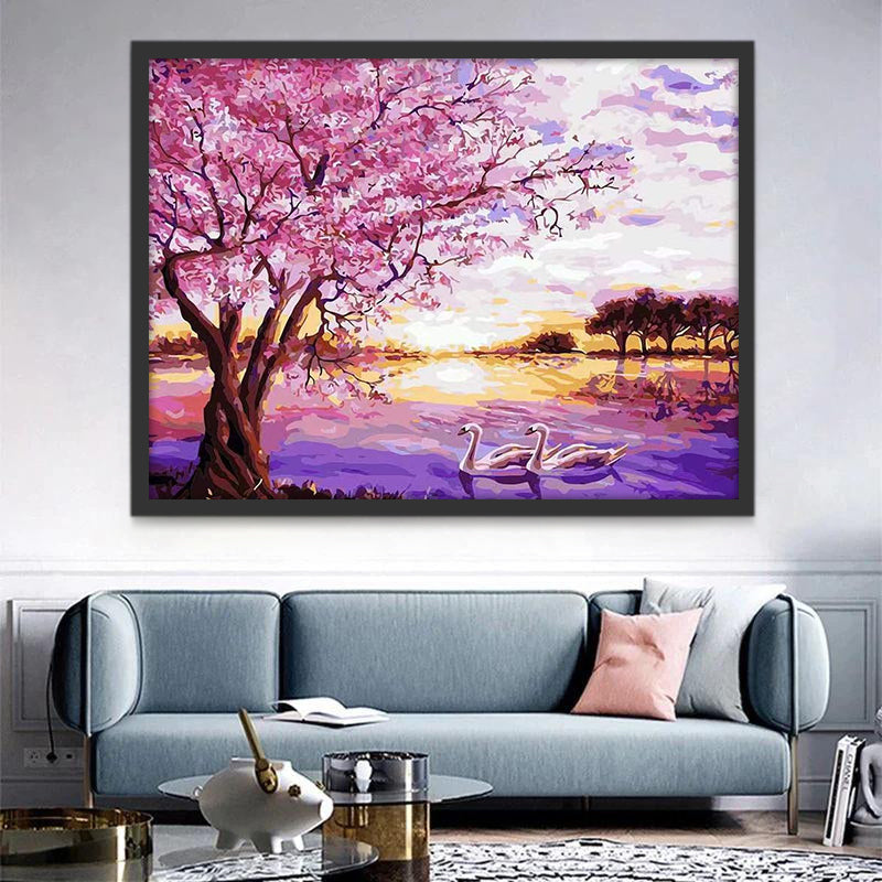 Árbol Rosado y Cisnes en Lago al Atardecer Pintar por Números