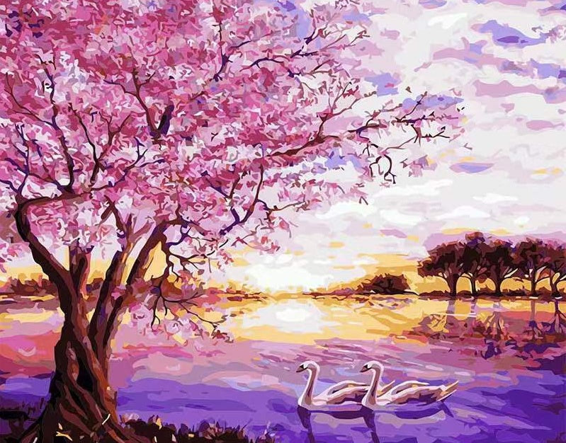 Árbol Rosado y Cisnes en Lago al Atardecer Pintar por Números