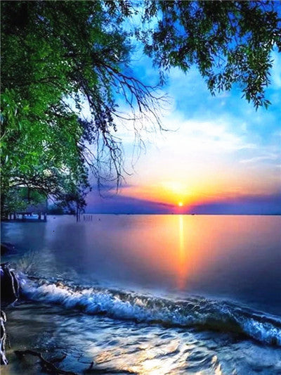 Árbol Verde al Lado de Agua al Atardecer Pintar por Números