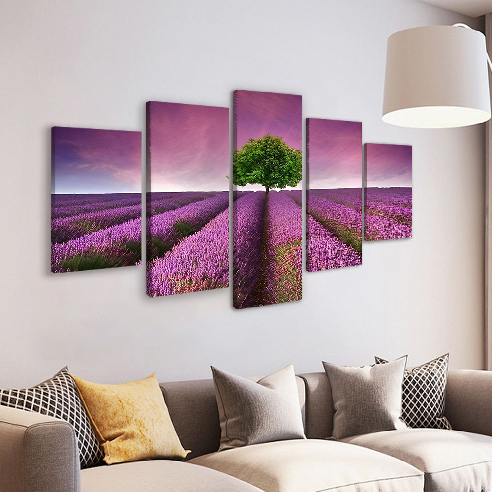 Árbol Verde en el Campo Enorme de Lavándula 5 Partes Pintar por Números