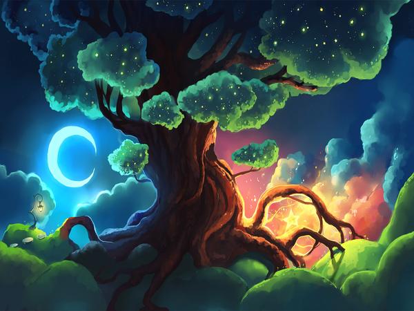 Árbol Verde Grande a la Luz de la Luna Pintar por Números