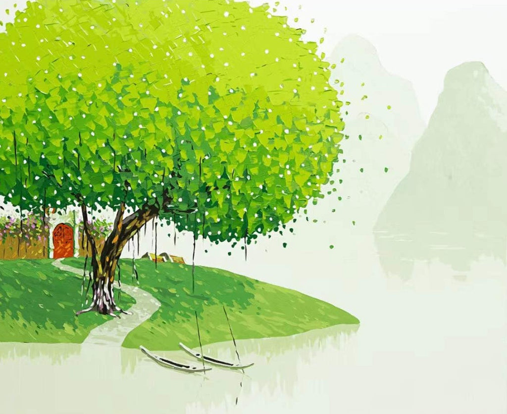 Árbol Verde y Casa en una Isla Aislada Pintar por Números