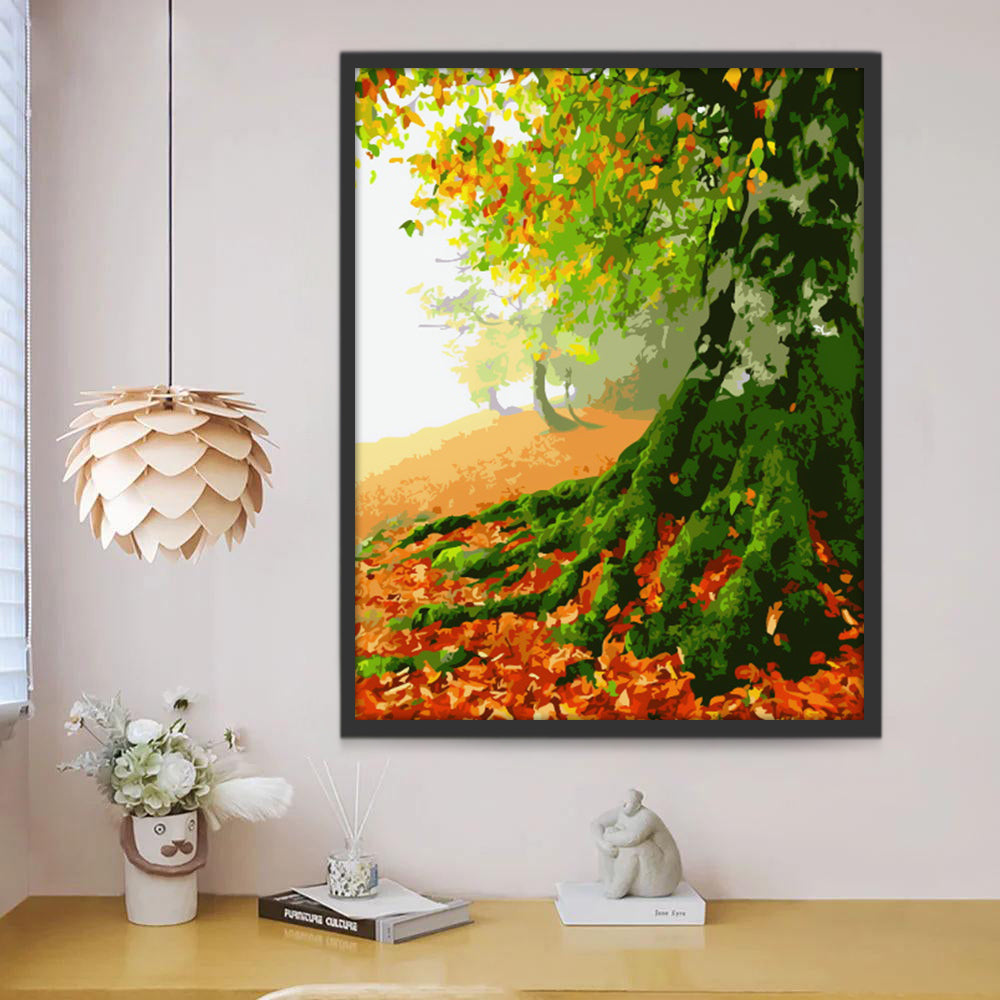 Árbol Verde y Hojas Rojas Caídas Pintar por Números