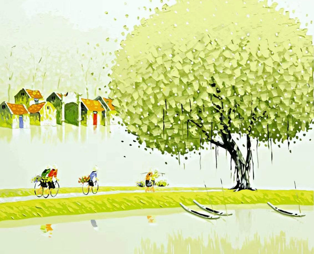 Árbol Verde y Pueblo a lo Lejos Pintar por Números