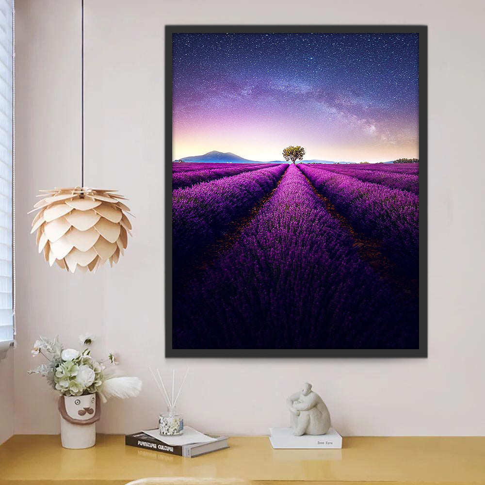 Árbol y Campo de Lavanda y Estrellas Pintar por Números