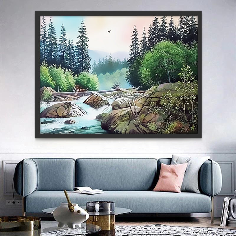 Árboles Altos y Río con Rocas Pintar por Números
