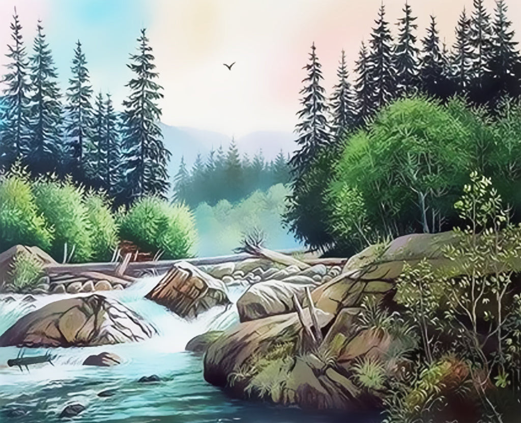 Árboles Altos y Río con Rocas Pintar por Números