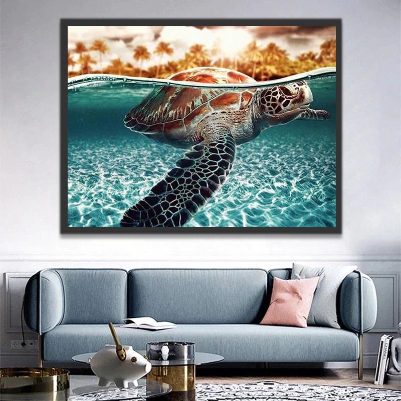Árboles Amarillas y Cielo Gris y Tortuga en Mar Azul Pintar por Números