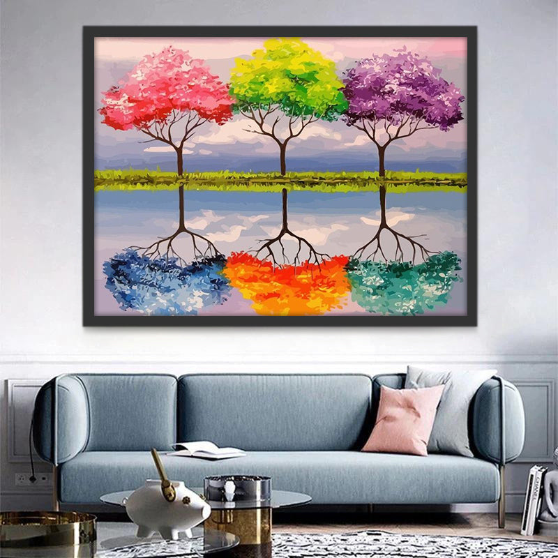 Árboles de Colores Diferentes sobre el Césped Pintar por Números