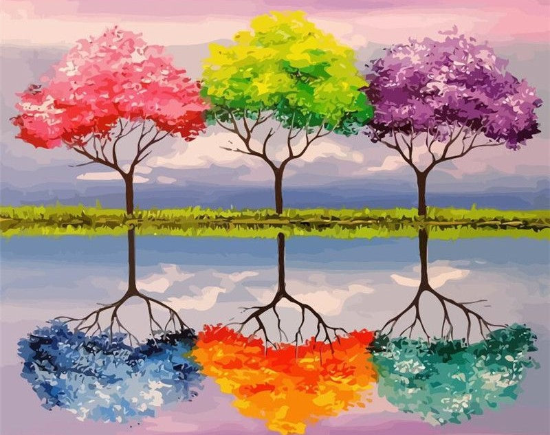 Árboles de Colores Diferentes sobre el Césped Pintar por Números