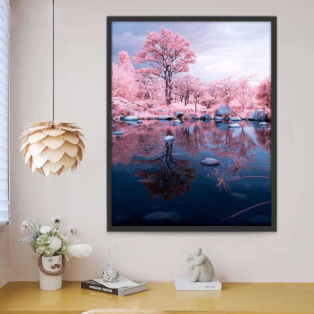 Árboles de Flores Rosadas y Lago con Piedras Pintar por Números