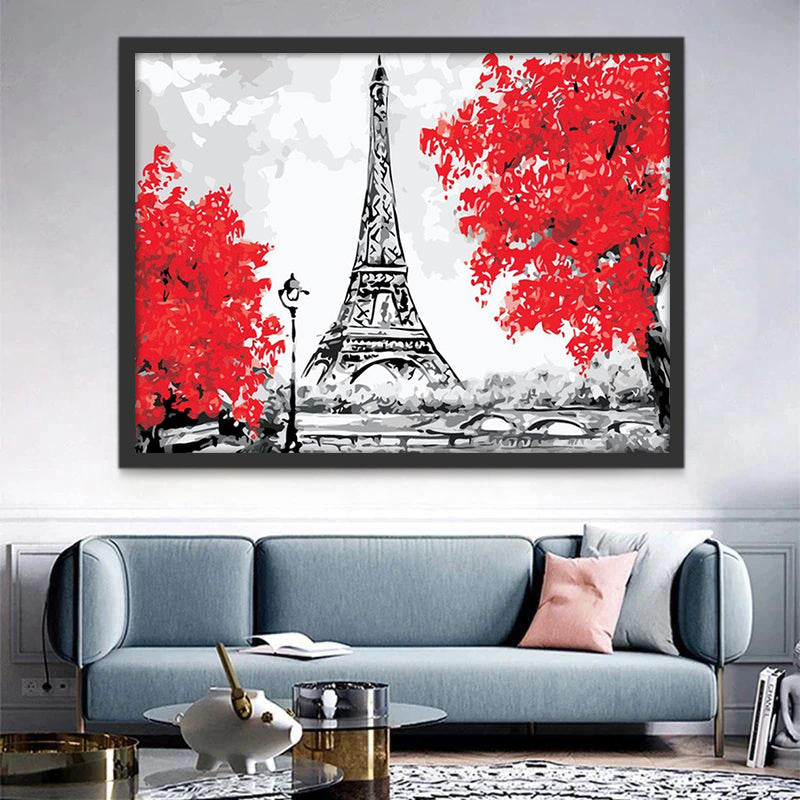 Árboles de Hojas Rojas y Torre Eiffel Pintar por Números