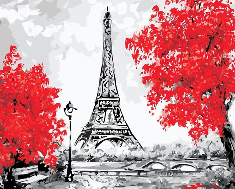Árboles de Hojas Rojas y Torre Eiffel Pintar por Números