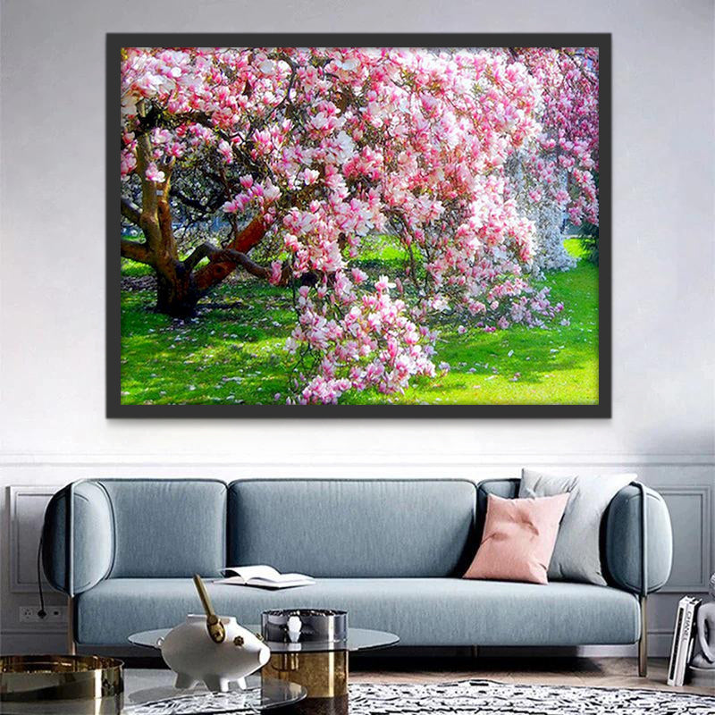 Árboles de Magnolias Rosadas al Sol y Césped Verde Pintar por Números