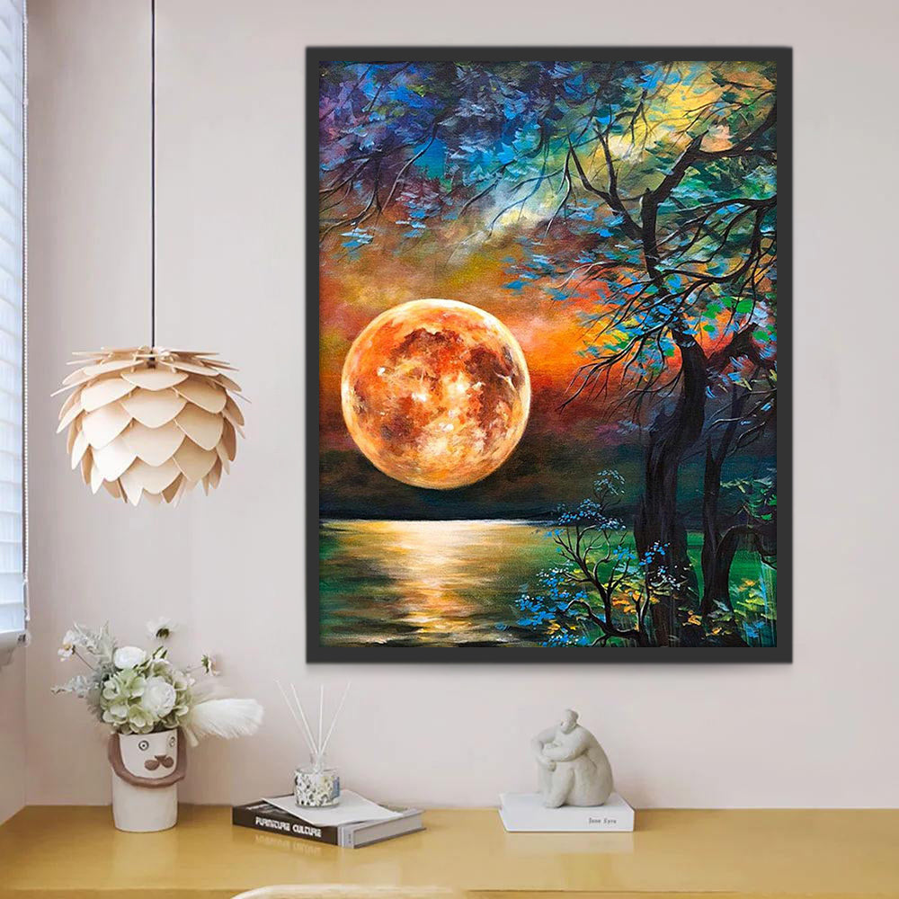 Árboles en la Noche con la Luna Llena Pintar por Números