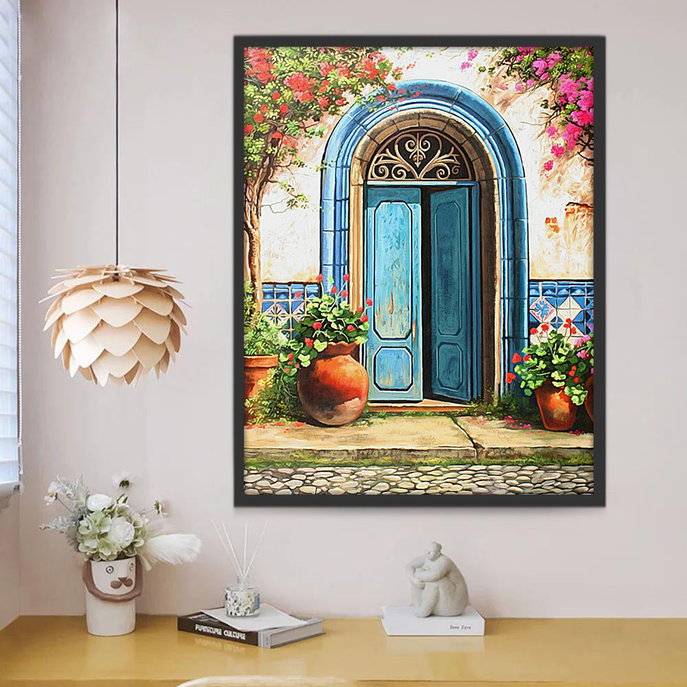 Árboles Florales y Flores en Macetas y Puerta Azul Pintar por Números