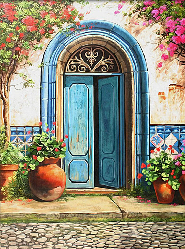 Árboles Florales y Flores en Macetas y Puerta Azul Pintar por Números