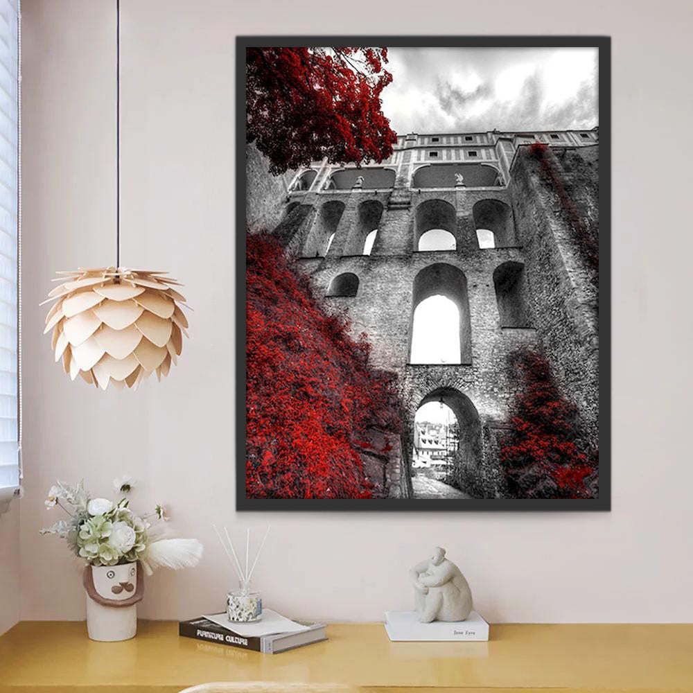 Árboles Rojos y Arquitectura Gris Pintar por Números