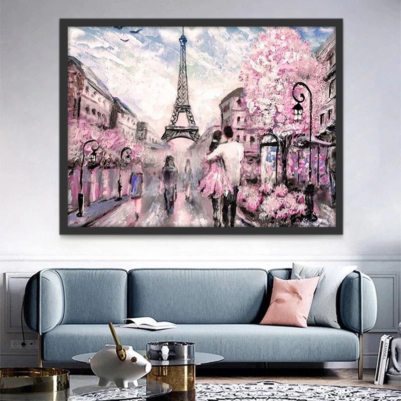 Árboles Rosados y Torre Eiffel en Calle Pintar por Números