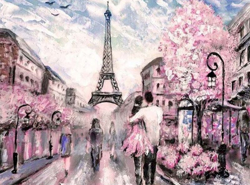 Árboles Rosados y Torre Eiffel en Calle Pintar por Números