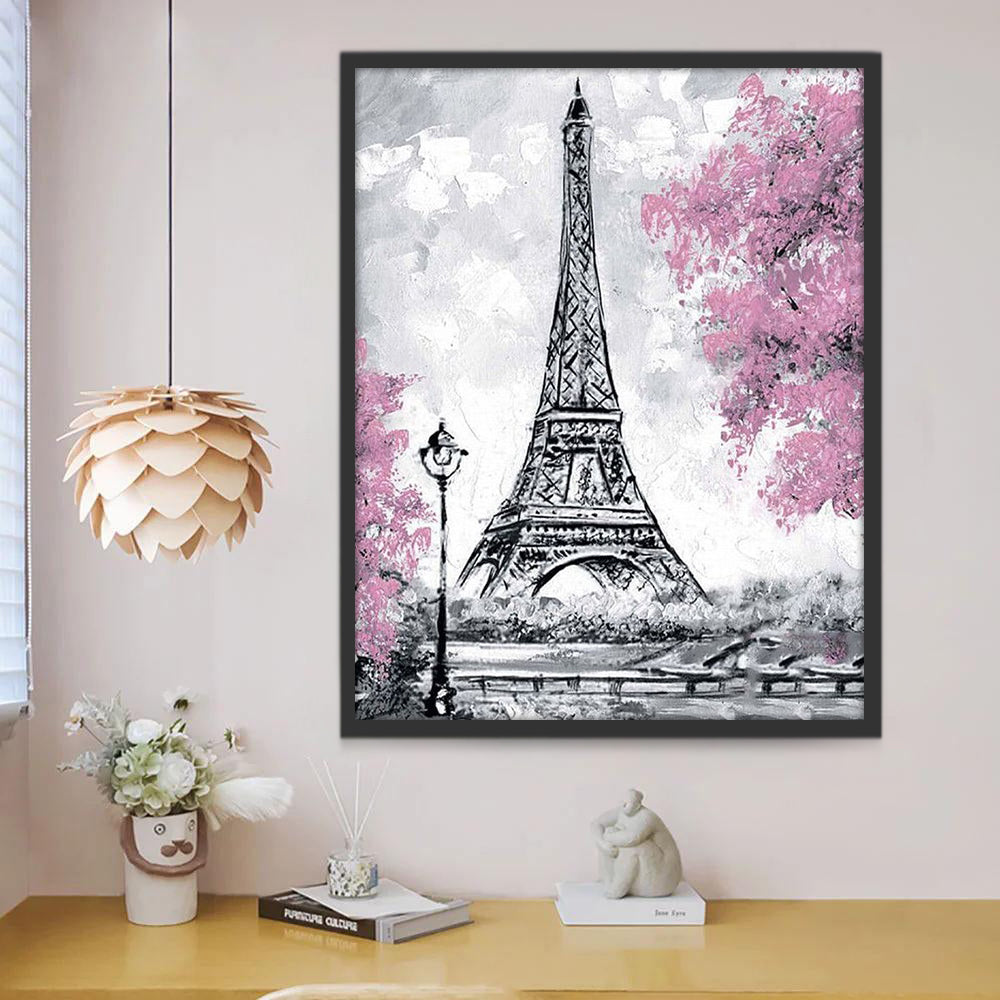 Árboles Rosados y Torre Eiffel Gris Pintar por Números
