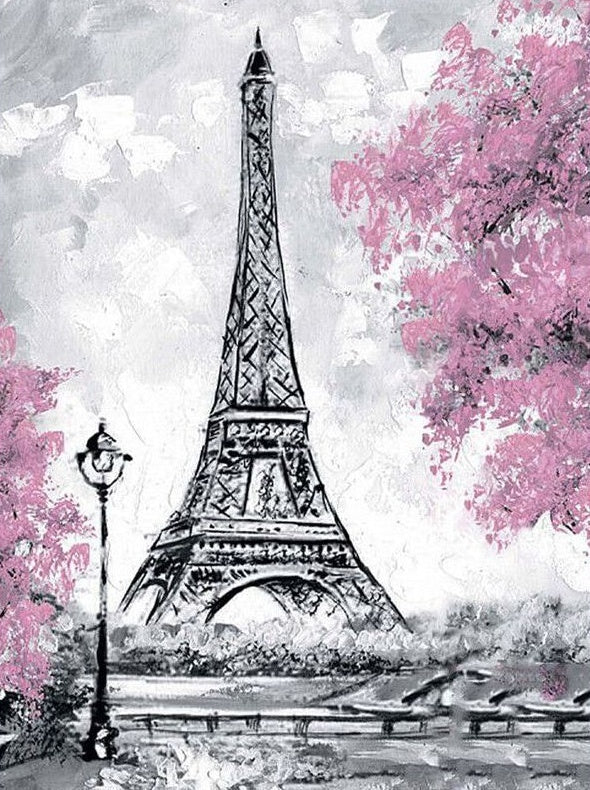 Árboles Rosados y Torre Eiffel Gris Pintar por Números
