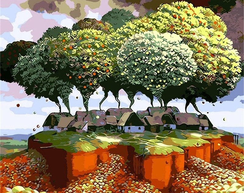 Árboles sobre Casas en Estilo Abstracto Pintar por Números