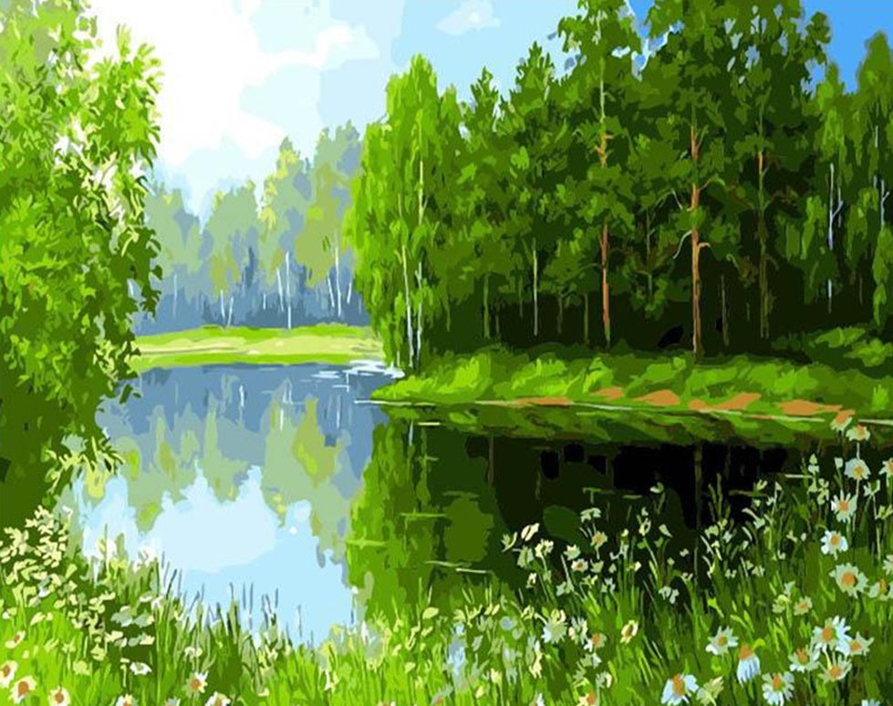 Árboles Verdes y Campo de Camomilas Pintar por Números
