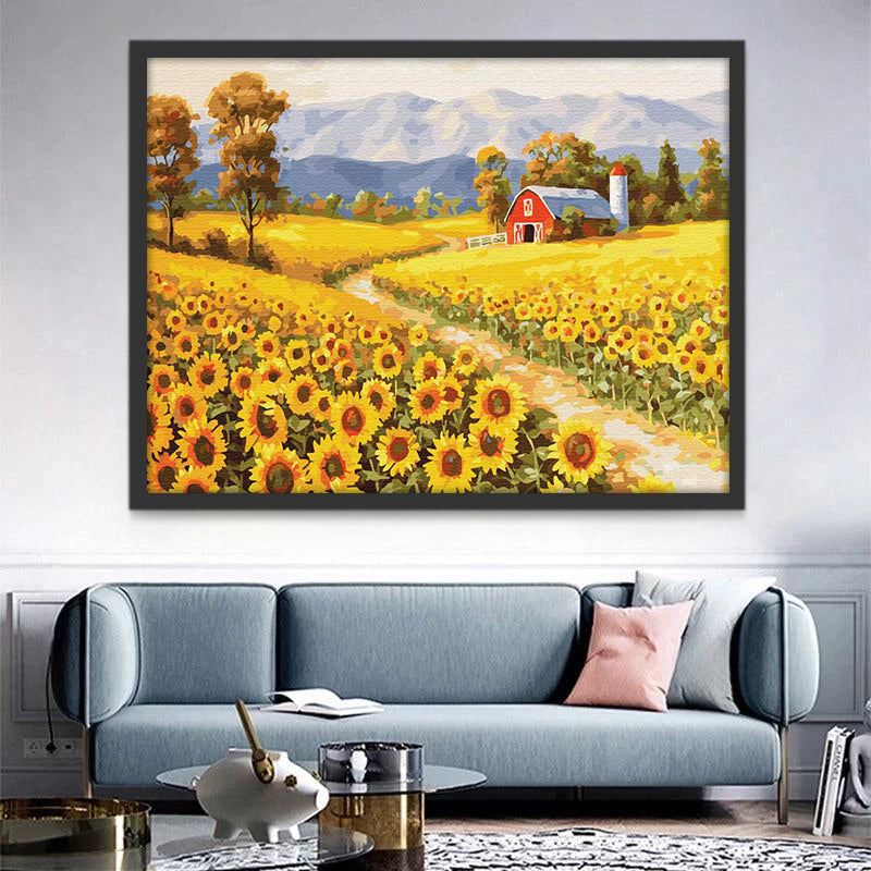 Árboles y Casa Roja en el Campo Enorme de Girasol Pintar por Números