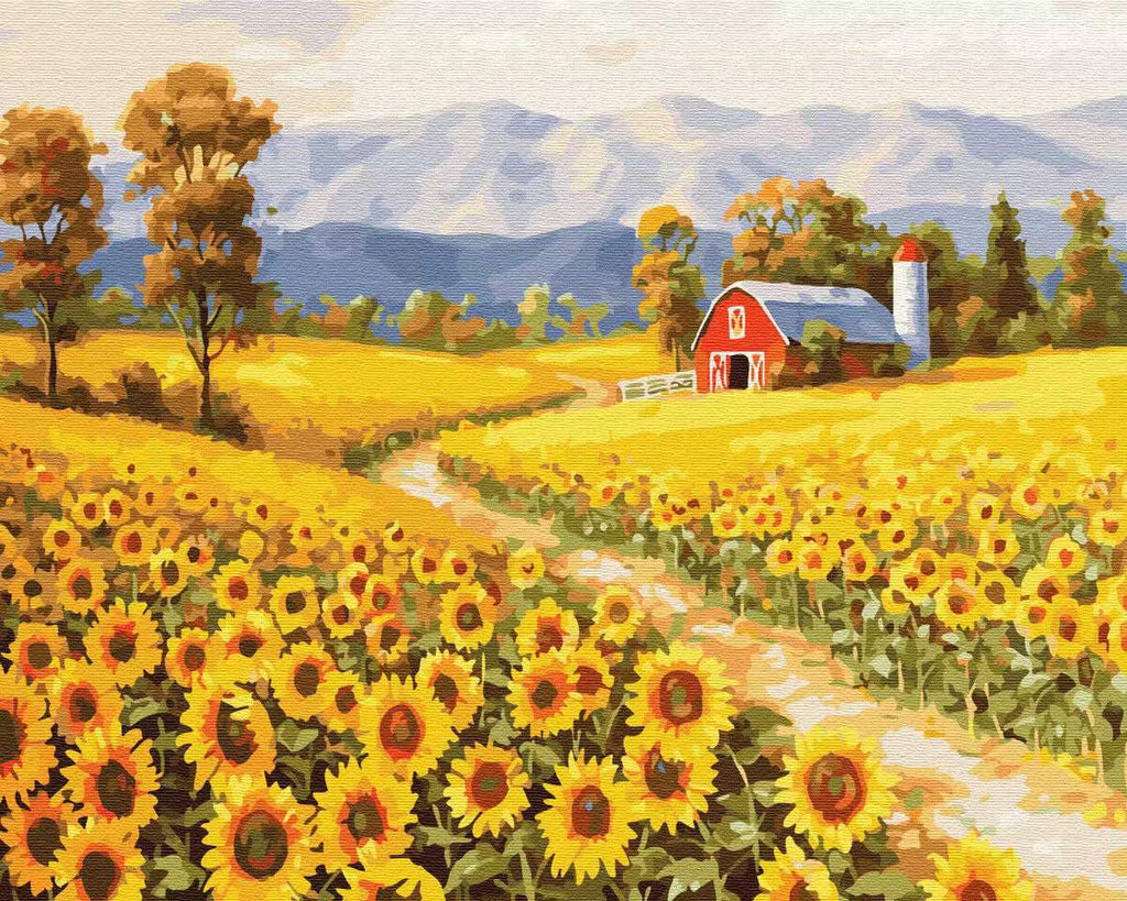 Árboles y Casa Roja en el Campo Enorme de Girasol Pintar por Números