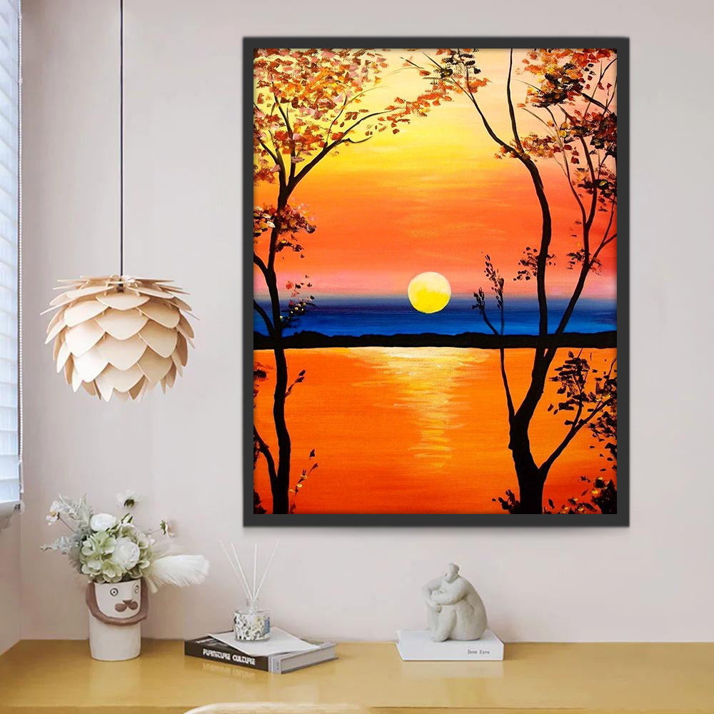 Árboles y la Puesta del Sol sobre Mar Pintar por Números