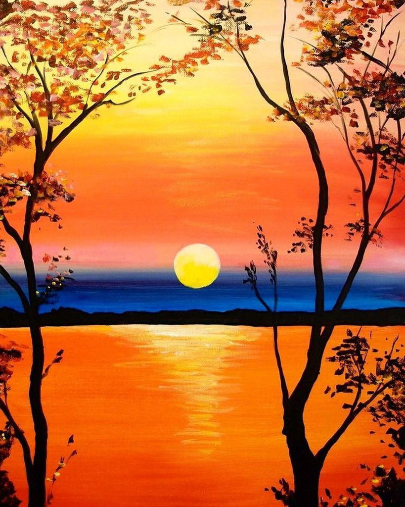 Árboles y la Puesta del Sol sobre Mar Pintar por Números