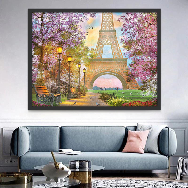 Árboles y Torre Eiffel en Primavera Pintar por Números