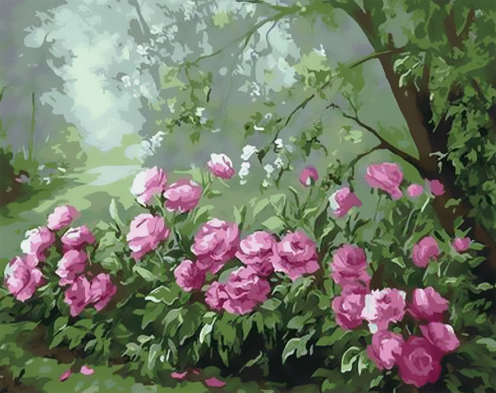 Arbusto de Flores de Peonía Rosada y Árbol Pintar por Números