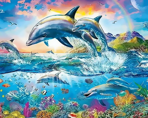 Arco Iris y Delfines Saltando del Agua Pintar por Números