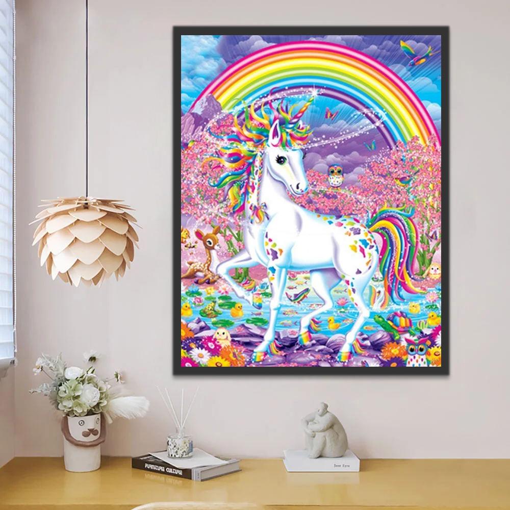Arco Iris y Unicornio Blanco en  Bosque Mágico Pintar por Números Niños