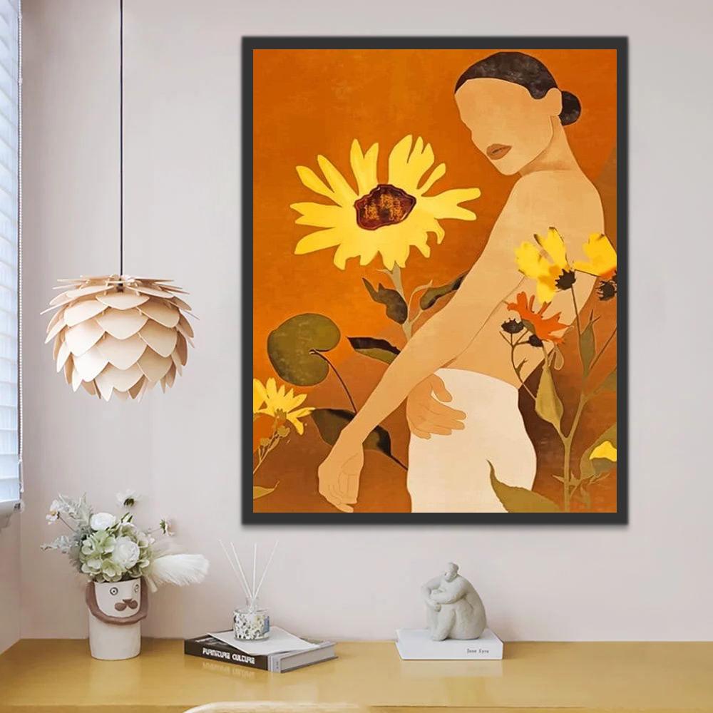 Arte Abstracto de Girasoles y Mujer Hermosa Pintar por Números