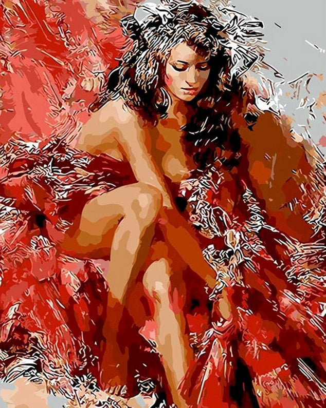 Arte Colorido de Mujer Vestida de Rojo Pintar por Números