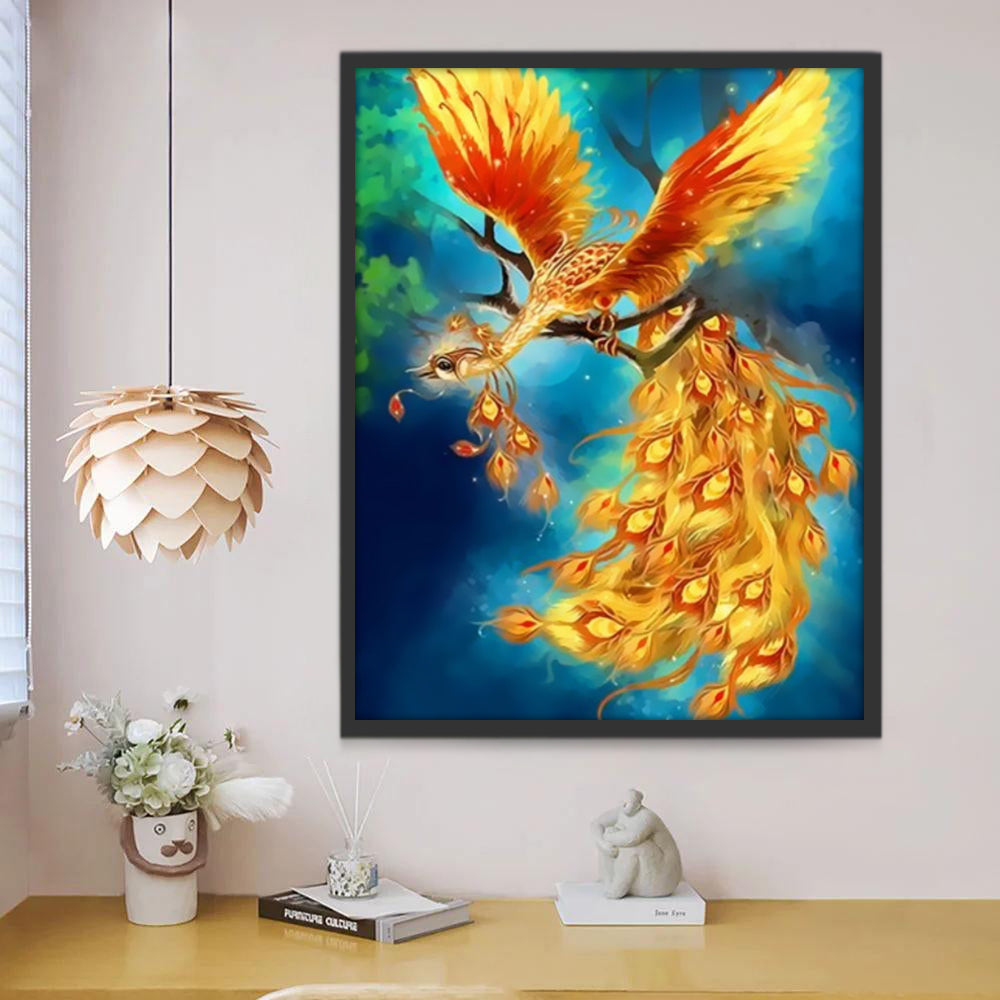 Ave Fénix Dorada con Fondo Azul Pintar por Números