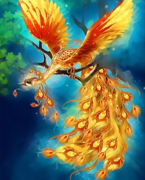 Ave Fénix Dorada con Fondo Azul Pintar por Números