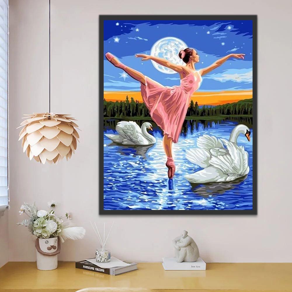 Bailarina y Cisnes Blancos en la Noche Pintar por Números