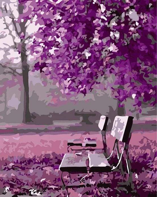 Bancos Bajo Árboles de Color Morado Pintar por Números