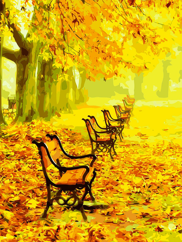 Bancos en el Bosque Dorado de Otoño Pintar por Números
