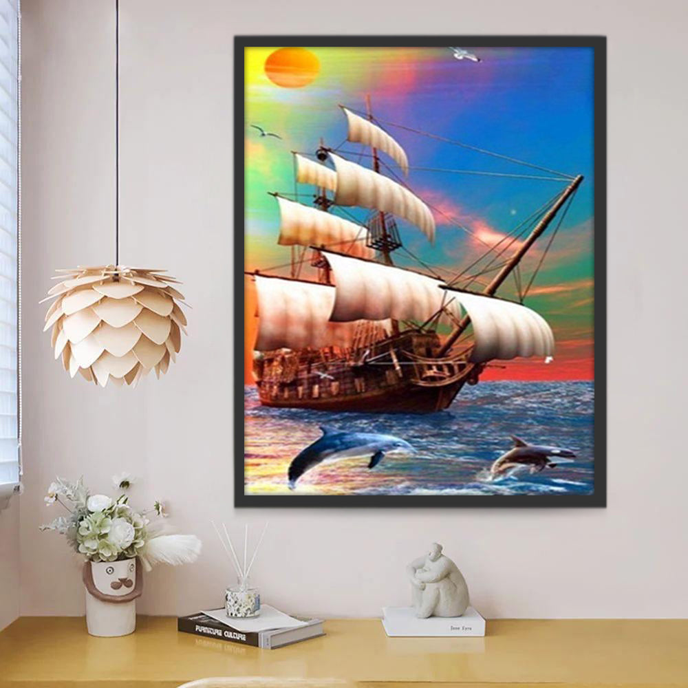 Barco Antiguo y Orcas en el Océano Pintar por Números