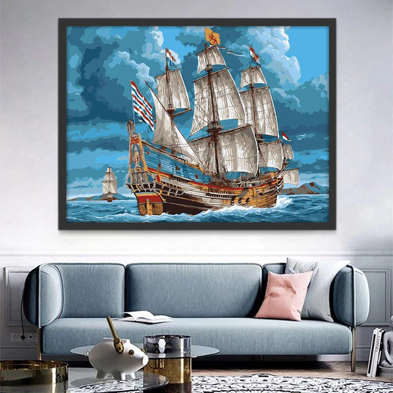 Barco con Bandera en el Océano Pintar por Números
