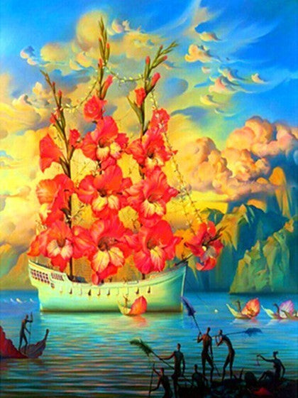 Barco con Velas de Flores Rojas en el Mar Pintar por Números